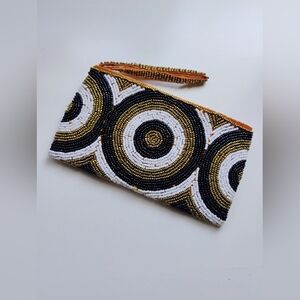 Black , White And Gold All Beaded Wristlet Bag With Zipper • New